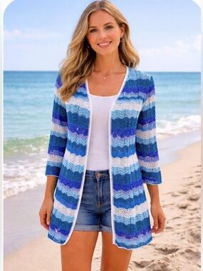 Christopher and Banks petite blue and white Chevron knit open cardigan sweater